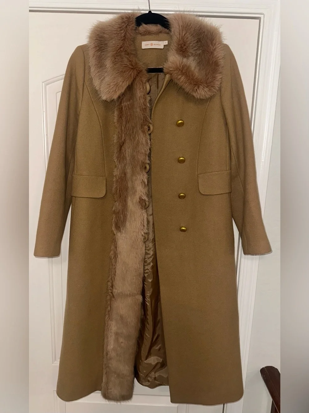 Tory Burch Celeste Coat Camel Faux Fur Collar Double Breasted Size 6